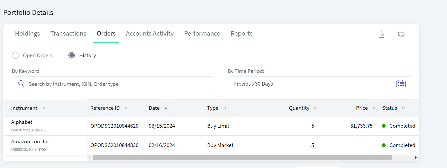 Portfolio Orders History